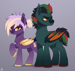 Size: 1100x1050 | Tagged: safe, artist:luminousdazzle, imported from derpibooru, oc, oc only, oc:ametrine, oc:bloodstone, bat pony, pony, chest fluff, dad, duo, duo male and female, fangs, female, grumpy, hair tie, jewelry, looking at you, male, mare, mom, necklace, parent, raised hoof, smiling, stallion, unshorn fetlocks