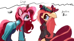Size: 1200x672 | Tagged: safe, artist:solid shrimp, imported from derpibooru, fluttershy, pinkie pie, earth pony, pegasus, pony, bow, clothes, dress, floral head wreath, flower, wip