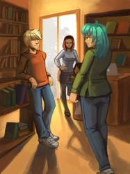 Size: 800x1067 | Tagged: safe, artist:asimos, artist:lexx2dot0, artist:maytee, imported from derpibooru, lyra heartstrings, oc, oc:monica, oc:paul, human, fanfic:anthropology, ass, book, bookstore, butt, fanfic art, female, humanized, leaning, male, philadelphia, trio