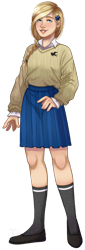 Size: 372x1099 | Tagged: safe, artist:toxiccolour, imported from derpibooru, oc, oc only, oc:cornflower meadow, human, blushing, clothes, cute, female, flats, flower, flower in hair, grin, humanized, humanized oc, shirt, shoes, simple background, skirt, smiling, socks, solo, stockings, sweater, thigh highs, transparent background
