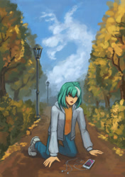 Size: 800x1137 | Tagged: safe, artist:asimos, artist:lexx2dot0, artist:maytee, imported from derpibooru, discord, lyra heartstrings, human, fanfic:anthropology, cellphone, clothes, cloud, denim, earbuds, fanfic art, humanized, jacket, jeans, lamppost, open mouth, pants, philadelphia, phone, smartphone, solo, surprised, tree