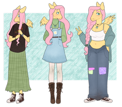 Size: 1280x1119 | Tagged: safe, artist:s0ftserve, imported from derpibooru, fluttershy, anthro, pegasus, plantigrade anthro, age progression, armpit hair, belly button, blushing, breasts, choker, chubby, cleavage, clothes, converse, curvy, cute, denim, dress, female, gender headcanon, hands behind back, headcanon, headcanon in the description, hoodie, jeans, jewelry, lgbt headcanon, long skirt, midriff, necklace, oversized clothes, oversized shirt, pants, peace sign, plaid skirt, playing with hair, plump, shirt, shoes, short shirt, shy, shyabetes, simple background, skirt, smiling, sneakers, solo, stockings, story included, sweater, t-shirt, thigh highs, trans female, transgender, transparent background, turtleneck, younger