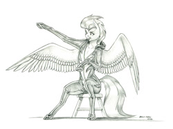 Size: 1500x1119 | Tagged: safe, artist:baron engel, imported from derpibooru, misty fly, anthro, pegasus, pony, unguligrade anthro, black and white, clothes, female, grayscale, mare, monochrome, mouth hold, open clothes, patreon, patreon reward, pencil drawing, simple background, sitting, solo, stool, tight clothing, traditional art, uniform, white background, wonderbolts, wonderbolts uniform, zipper
