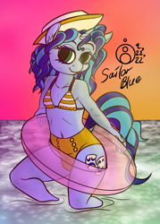 Size: 1302x1821 | Tagged: safe, artist:sepiakeys, imported from derpibooru, oc, oc:blue giggles, anthro, unicorn, belly button, crossdressing, crotch bulge, inner tube, male, not misty, solo, traditional art