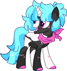 Size: 1332x1416 | Tagged: safe, artist:kurosawakuro, imported from derpibooru, oc, pony, unicorn, bandana, base used, blaze (coat marking), body freckles, coat markings, colored hooves, colored horn, facial markings, freckles, horn, looking back, male, offspring, parent:clear sky, parent:thunderlane, pink eyes, simple background, socks (coat markings), solo, stallion, transparent background