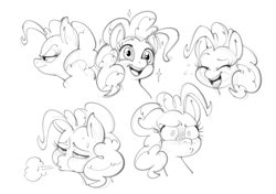 Size: 1844x1295 | Tagged: safe, artist:mickeymonster, imported from derpibooru, pinkie pie, earth pony, pony, blushing, breath, bust, laughing, monochrome, open mouth, open smile, portrait, simple background, sketch, sketch dump, smiling, sparkles, sweat, sweatdrop, white background