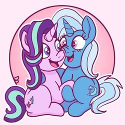 Size: 1914x1914 | Tagged: safe, artist:doodledonutart, imported from derpibooru, starlight glimmer, trixie, pony, unicorn, boop, cheek squish, duo, female, holding hooves, lesbian, open mouth, ponytober, shipping, simple background, squishy cheeks, startrix