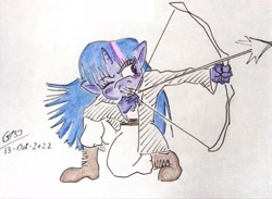 Size: 3120x2278 | Tagged: safe, artist:gafelpoez, imported from derpibooru, twilight sparkle, anthro, pony, archery, arrow, bow (weapon), bow and arrow, g4, solo, traditional art, weapon