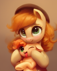 Size: 1024x1280 | Tagged: safe, alternate version, artist:qutee, derpibooru exclusive, imported from derpibooru, part of a set, oc, oc only, earth pony, pony, ai assisted, ai content, ai generated, bust, duo, duo female, female, generator:stable diffusion, mother and child, mother and daughter, open mouth, portrait, simple background, tongue out