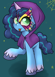 Size: 1716x2368 | Tagged: safe, artist:dumbwoofer, imported from derpibooru, pony, unicorn, spoiler:g5, spoiler:my little pony: tell your tale, spoiler:tyts01e30, :p, clothes, costume, cute, g5, halloween, halloween costume, hood, mask, misty brightdawn, mistybetes, my little pony: tell your tale, nightmare night party, simple background, solo, spider web, tongue out, unshorn fetlocks