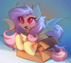 Size: 3400x3000 | Tagged: safe, artist:gicme, imported from derpibooru, fluttershy, bat pony, pony, bat ponified, box, chest fluff, cute, flutterbat, flutterbox, g4, glowing, glowing eyes, happy, open mouth, open smile, pony in a box, race swap, shyabates, shyabetes, simple background, smiling, solo, spread wings, wings