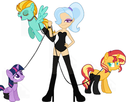 Size: 1005x815 | Tagged: safe, artist:kingbases, artist:yeetmedownthestairs, imported from derpibooru, lightning dust, sunset shimmer, trixie, twilight sparkle, alicorn, human, pegasus, pony, unicorn, alternate hairstyle, base used, boots, clothes, collar, commission, corset, eyes closed, eyeshadow, female, fishnets, flying, g4, hair over one eye, high heel boots, humanized, leash, makeup, mare, missing cutie mark, open mouth, pony pet, ponytail, shoes, simple background, smiling, smirk, socks, stockings, thigh highs, transparent background, twilight sparkle (alicorn)