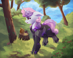 Size: 2591x2057 | Tagged: safe, artist:hitbass, imported from derpibooru, sweetie belle, pony, squirrel, unicorn, clothes, forest, open mouth, scenery, solo, tail