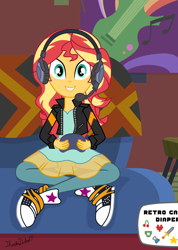 Size: 1080x1520 | Tagged: safe, artist:thunderdasher07, imported from derpibooru, sunset shimmer, human, equestria girls, equestria girls series, game stream, spoiler:eqg series (season 2), 3/4 length sleeves, abdl, clothes, controller, converse, couch, diaper, diaper fetish, diaper under clothes, dress, female, fetish, game stream outfit, gamer, gamer girl, gamer sunset, gaming, headphones, headset, jacket, leather, leather jacket, non-baby in diaper, open clothes, open jacket, pants, poster, shoes, sitting, sneakers, socks, solo, sunset's apartment