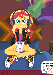Size: 1080x1520 | Tagged: safe, alternate version, artist:thunderdasher07, derpibooru exclusive, imported from derpibooru, sunset shimmer, human, equestria girls, equestria girls series, game stream, spoiler:eqg series (season 2), 3/4 length sleeves, abdl, clothes, controller, converse, couch, diaper, diaper fetish, female, fetish, gamer, gamer sunset, gaming, headphones, headset, jacket, leather, leather jacket, no pants, non-baby in diaper, open clothes, open jacket, pantsless, poster, shirt, shoes, show accurate, sitting, sneakers, socks, solo, sunset's apartment, underwear