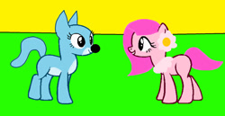 Size: 1280x661 | Tagged: safe, artist:disneyponyfan, imported from derpibooru, cat, cat pony, dracony, dragon, earth pony, hybrid, pony, crossover, duo, fangs, female, field, flower, flower bubble, flower in hair, foofa, foofa land, friends, g4, gabbaland, girly girl, grass, grass field, logo, mare, ms paint, nick jr., nickelodeon, ponified, tomboy, toodee, yo gabba gabba!