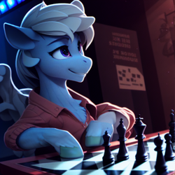 Size: 1024x1024 | Tagged: safe, editor:paracompact, imported from derpibooru, oc, oc only, earth pony, pony, ai assisted, ai content, ai generated, chess, chess piece, chessboard, clothes, generator:purplesmart.ai, generator:stable diffusion, looking away, looking offscreen, random pony, the quality of ai art is frightening, unshorn fetlocks