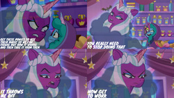 Size: 4400x2475 | Tagged: safe, edit, edited screencap, editor:quoterific, imported from derpibooru, screencap, opaline arcana, alicorn, pony, unicorn, spoiler:g5, spoiler:my little pony: make your mark, spoiler:my little pony: tell your tale, spoiler:tyts01e30, cloak, clothes, costume, duo, duo female, evil laugh, eyeshadow, female, freckles, frown, g5, gritted teeth, hologram, intimidated, laughing, looking at each other, looking at someone, makeup, mare, misty brightdawn, my little pony: tell your tale, nervous, nightmare night costume, nightmare night party, open mouth, open smile, scared, smiling, teeth, wavy mouth