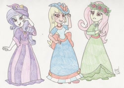 Size: 1400x1004 | Tagged: safe, artist:bageloftime, imported from derpibooru, applejack, fluttershy, rarity, human, undead, vampire, equestria girls, clothes, dress, fangs, long dress, long skirt, skirt, traditional art