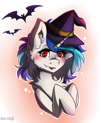 Size: 1400x1700 | Tagged: safe, artist:yuris, imported from derpibooru, dj pon-3, vinyl scratch, bat, pony, undead, unicorn, vampire, blushing, chest fluff, ear fluff, ears up, fangs, female, halloween, hat, holiday, red eyes, simple background, smiling, solo, witch hat