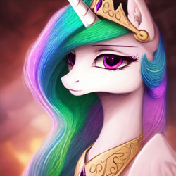 Size: 1024x1024 | Tagged: safe, editor:hawkeyethree, imported from derpibooru, princess celestia, alicorn, pony, ai content, ai generated, bust, female, generator:purplesmart.ai, generator:stable diffusion, jewelry, mare, portrait, regalia, solo