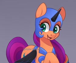 Size: 1339x1114 | Tagged: safe, artist:handgunboi, imported from derpibooru, nightmare moon, sunny starscout, earth pony, pony, spoiler:g5, spoiler:my little pony: tell your tale, spoiler:tyts01e30, clothes, cosplay, costume, cute, fake horn, fake wings, fangs, female, g5, gray background, mane stripe sunny, mare, my little pony: tell your tale, nightmare moon armor, nightmare night costume, nightmare night party, nightmare sunny, obtrusive watermark, simple background, solo, sunnybetes, watermark