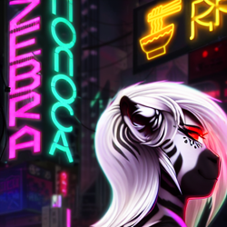 Size: 512x512 | Tagged: safe, editor:zebra, oc, oc only, zebra, bust, city, cyberpunk, epic, female, glowing eyes, looking back, machine learning assisted, machine learning generated, neon signs, portrait, red eyes, solo, white hair, zebra's ai gens