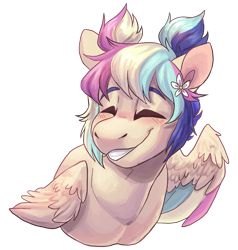 Size: 1329x1398 | Tagged: safe, artist:eggoatt, imported from twibooru, oc, oc only, unnamed oc, pegasus, pony, blushing, eyes closed, female, flower, grin, image, mare, png, simple background, smiling, solo, transparent background, wings