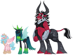 Size: 3500x2644 | Tagged: safe, artist:lovedletters, imported from twibooru, cozy glow, lord tirek, queen chrysalis, alicorn, changedling, changeling, pony, alicornified, alternate design, alternate universe, cozycorn, height difference, image, jewelry, older, older cozy glow, png, race swap, regalia, simple background, transparent background