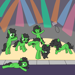 Size: 2000x2000 | Tagged: safe, artist:shuffle, oc, oc:filly anon, earth pony, pony, dance floor, dancing, everfree northwest, everfree northwest 2022, featured image, female, filly, group