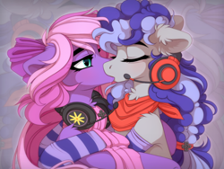 Size: 2400x1800 | Tagged: safe, artist:vird-gi, imported from derpibooru, oc, oc only, oc:cinnabyte, oc:lillybit, earth pony, pony, adorkable, bandana, bow, chest fluff, cinnabetes, clothes, cute, dork, duo, ear fluff, eyebrows, eyes closed, female, gaming headset, hair bow, headphones, headset, kiss on the lips, kissing, lesbian, oc x oc, ocbetes, scarf, shipping, socks, striped socks, zoom layer