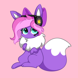 Size: 3730x3741 | Tagged: safe, artist:kittyrosie, imported from derpibooru, oc, oc only, oc:lillybit, eevee, adorkable, bow, cute, dork, gaming headset, headphones, headset, pink background, pokefied, pokémon, ribbon, simple background, solo