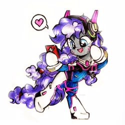 Size: 2591x2591 | Tagged: safe, artist:liaaqila, imported from derpibooru, oc, oc only, oc:cinnabyte, earth pony, pony, adorkable, bipedal, clothes, cosplay, costume, cute, d.va, dork, excited, female, gaming headset, headphones, headset, heart, mare, overwatch, phone, simple background, smiling, solo, speech bubble, whisker markings, white background