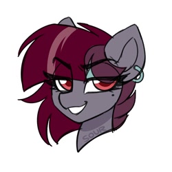 Size: 2000x2000 | Tagged: safe, artist:sickly-sour, imported from derpibooru, oc, oc only, oc:electrik star, pony, beauty mark, bust, ear piercing, earring, eye clipping through hair, eyebrows, eyebrows visible through hair, grin, jewelry, lidded eyes, looking at you, piercing, simple background, smiling, smiling at you, solo, white background