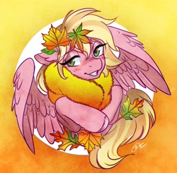Size: 3179x3112 | Tagged: safe, artist:opalacorn, imported from derpibooru, oc, oc only, oc:jet setter, pegasus, pony, autumn, blushing, clothes, female, grin, leaf, leaves, looking at you, mare, scarf, smiling, smiling at you, solo