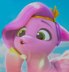 Size: 1100x1145 | Tagged: safe, edit, edited screencap, imported from derpibooru, screencap, pipp petals, pegasus, pony, spoiler:my little pony: make your mark chapter 2, spoiler:myms01e07, adorapipp, cropped, cute, cute face, female, g5, hoof done it?, hoof on chin, lens flare, mare, my little pony: make your mark, my little pony: make your mark chapter 2, solo