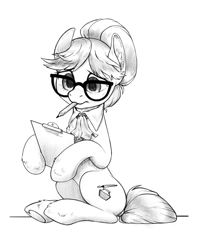 Size: 1752x2216 | Tagged: safe, artist:taytinabelle, imported from derpibooru, writing desk, earth pony, pony, black and white, clipboard, ear fluff, female, glasses, grayscale, hair bun, heart, hoof heart, mare, monochrome, mouth hold, necktie, not raven, pencil, simple background, sitting, sitting up, sketch, solo, underhoof, unshorn fetlocks, upside-down hoof heart, white background