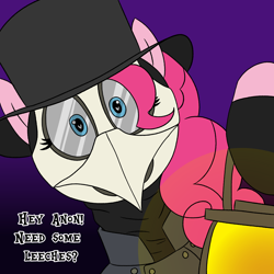 Size: 2500x2500 | Tagged: safe, artist:legendoflink, imported from derpibooru, pinkie pie, earth pony, pony, clothes, cute, dialogue, diapinkes, female, gloves, gradient background, hat, implied anon, lantern, looking at you, mare, mask, pinktober, plague doctor, plague doctor mask