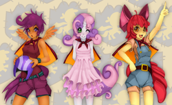 Size: 1400x857 | Tagged: dead source, safe, artist:slugbox, imported from derpibooru, apple bloom, scootaloo, sweetie belle, anthro, human, abstract background, cape, clothes, cmc cape, cutie mark crusaders, female, g4, horn, horned humanization, humanized, pony coloring, winged humanization, wings