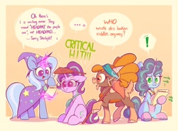Size: 2700x2000 | Tagged: safe, artist:scribble-potato, imported from derpibooru, shanty (tfh), starlight glimmer, trixie, goat, pony, unicorn, them's fightin' herds, ..., :3, abstract background, annoyed, apology, bandana, cape, clothes, cloven hooves, community related, critical hit, cross-popping veins, emanata, exclamation point, female, freckles, g4, g5, group, hat, horn, horn impalement, irritated, magic, mare, misspelling, misty brightdawn, misunderstanding, open mouth, open smile, pen, ponytober, pure unfiltered evil, quartet, riddle, smiling, speech bubble, starlight glimmer is not amused, sweat, sweatdrops, telekinesis, trixie's brooch, trixie's cape, trixie's hat, unamused, unshorn fetlocks, writing