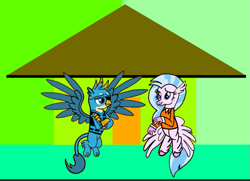 Size: 695x502 | Tagged: safe, artist:darlycatmake, imported from derpibooru, gallus, silverstream, griffon, hippogriff, clothes, costume, cute, drawing, fanart, female, gallabetes, gallstream, halloween, halloween costume, happy, holiday, house, looking at each other, looking at someone, male, prison outfit, shipping, smiling, smiling at each other, spread wings, straight, wings