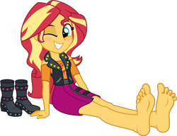 Size: 6000x4597 | Tagged: safe, artist:n0kkun, imported from derpibooru, sunset shimmer, human, equestria girls, barefoot, boots, feet, fetish, foot fetish, foot focus, g4, grin, looking at you, one eye closed, shoes, show accurate, simple background, smiling, soles, solo, transparent background, vector, wink, winking at you