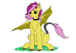 Size: 4093x2894 | Tagged: safe, artist:palettenight, imported from derpibooru, oc, oc:sillist, hybrid, original species, pegasus, pony, collar, fluffy, grass, horn, horns, looking at you, sitting, smiling, solo, spread wings, tail, teeth, wings