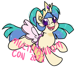 Size: 1075x956 | Tagged: safe, artist:paperbagpony, imported from derpibooru, oc, oc:sun lover, unicorn, fake wings, freckles, horn, mascot, multifandomcon, simple background, unicorn oc, white background