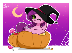 Size: 5125x3777 | Tagged: safe, artist:kittyrosie, imported from derpibooru, pipp petals, pegasus, pony, absurd resolution, adorapipp, candy, crescent moon, cute, female, food, g5, halloween, hat, holiday, lollipop, looking at you, mare, moon, one eye closed, pumpkin, smiling, solo, unshorn fetlocks, wink, winking at you, witch hat