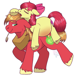 Size: 3000x3000 | Tagged: safe, artist:ponykittenboi, derpibooru exclusive, imported from derpibooru, apple bloom, big macintosh, earth pony, pony, apple bloom riding big macintosh, apple bloom's bow, belly, belly blush, big belly, big macintosh's yoke, bow, brother and sister, drool, eyes closed, female, filly, foal, g4, hair bow, horse collar, implied foalcon, lidded eyes, looking back, male, not shipping, open mouth, pregbloom, pregnant, pregnant apple bloom, pregnant foal, raised leg, siblings, signature, simple background, sleeping, smiling, stallion, straw, straw in mouth, unshorn fetlocks, walking, watermark, white background
