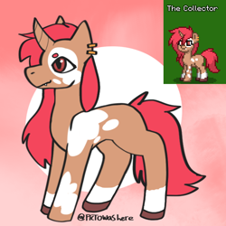 Size: 600x600 | Tagged: safe, artist:briarlight, imported from derpibooru, oc, oc:the collector, pony, unicorn, pony town, antagonist, curved horn, ear piercing, earring, fanfic art, fangs, hooves, horn, jewelry, long mane, nonbinary, oc villain, piercing, solo