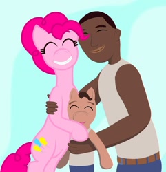 Size: 924x960 | Tagged: safe, artist:adriano suarez, imported from derpibooru, pinkie pie, earth pony, human, hybrid, pony, background pony strikes again, carl johnson, crossover, crossover ship offspring, crossover shipping, cursed image, eyes closed, grand theft auto, gta san andreas, interspecies offspring, offspring, shipping, smiling, wat
