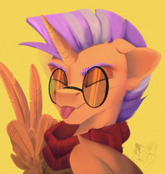 Size: 1394x1462 | Tagged: safe, artist:mirage, imported from derpibooru, oc, oc only, oc:glorious morning, alicorn, pony, :p, alicorn oc, bust, clothes, commission, eyes closed, glasses, horn, peace sign, pegasus oc, portrait, scarf, solo, tongue out, unicorn oc, wing gesture, wings