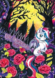 Size: 2551x3579 | Tagged: safe, artist:avui, imported from derpibooru, oc, oc:britannia (uk ponycon), bat pony, flower, mascot, rose, solo, traditional art, ukponycon